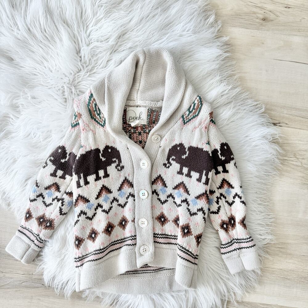 Peek Little Girl Elephant Chunky Knit Fair Isle Tan Button Cardigan 2-3YR